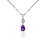 18ct White Gold Pear Shaped Natural Amethyst & Diamond Two Stone Rubover Pendant — 6x4mm