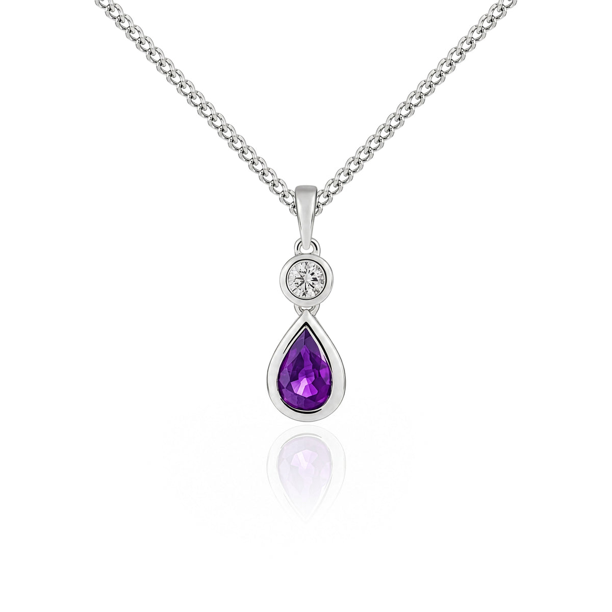 18ct White Gold Pear Shaped Natural Amethyst & Diamond Two Stone Rubover Pendant — 6x4mm