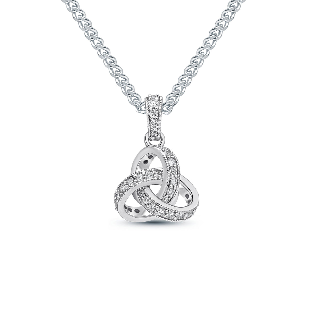 18ct White Gold Diamond Grain Set Knot Pendant with Diamond Set Loop — 11mm