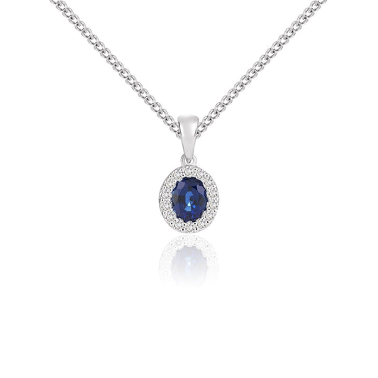 18ct White Gold Oval Natural Sapphire and Diamond Microset Cluster Pendant — 5x4mm