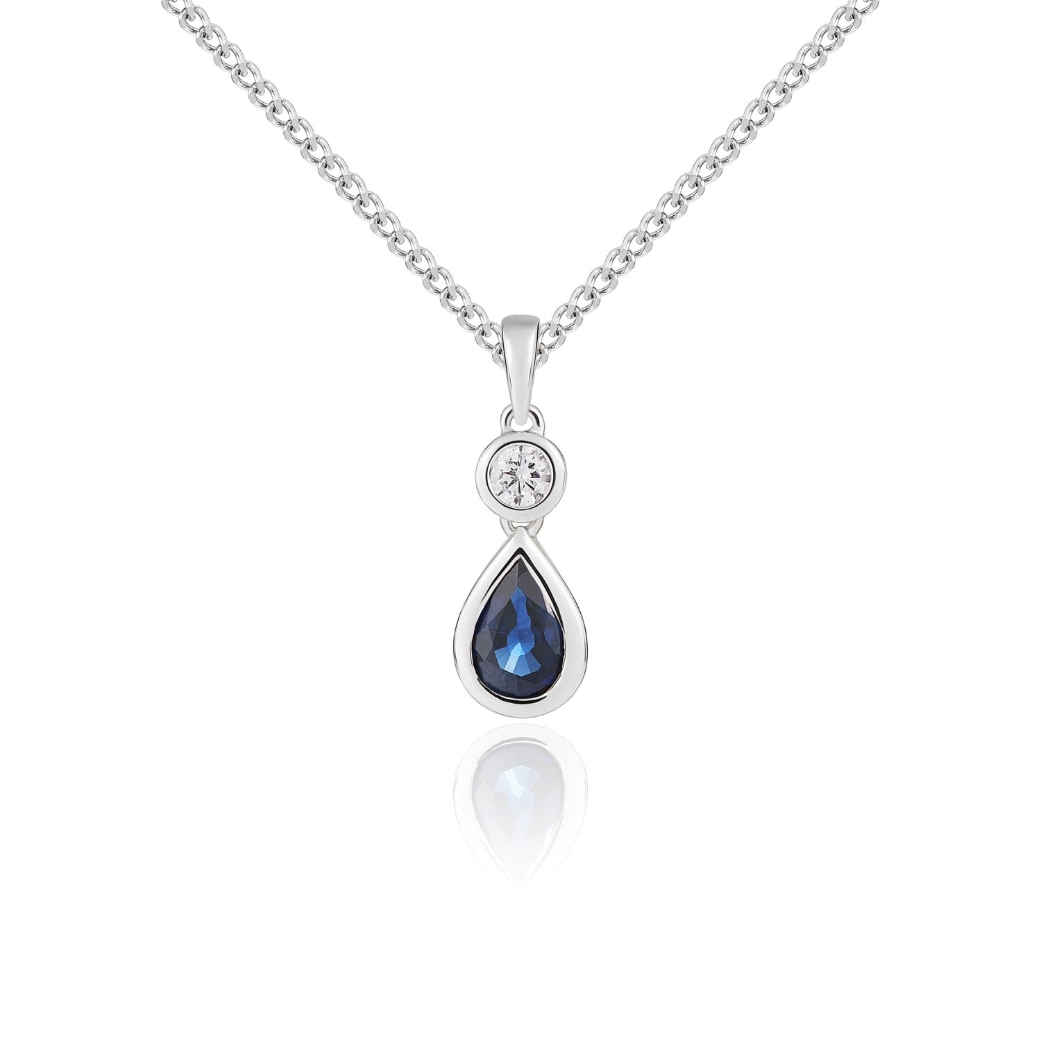 18ct White Gold Pear Shaped  Natural Sapphire and Round Diamond Two Stone Pendant — 6x4mm