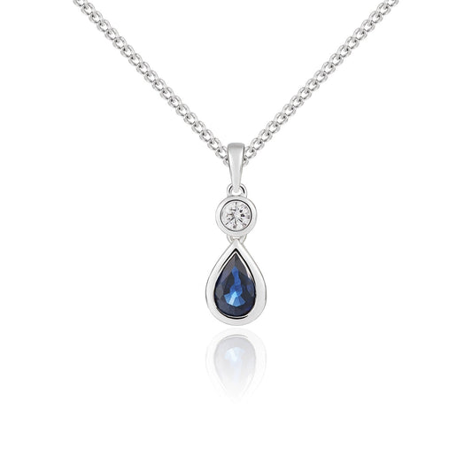 18ct White Gold Pear Shaped  Natural Sapphire and Round Diamond Two Stone Pendant — 6x4mm