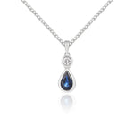 18ct White Gold Pear Shaped Natural Sapphire & Diamond Two Stone Rubover Pendant — 6x4mm