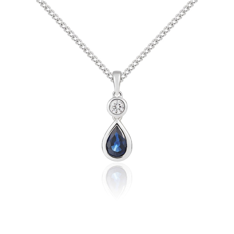 18ct White Gold Pear Shaped Natural Sapphire & Diamond Two Stone Rubover Pendant — 6x4mm