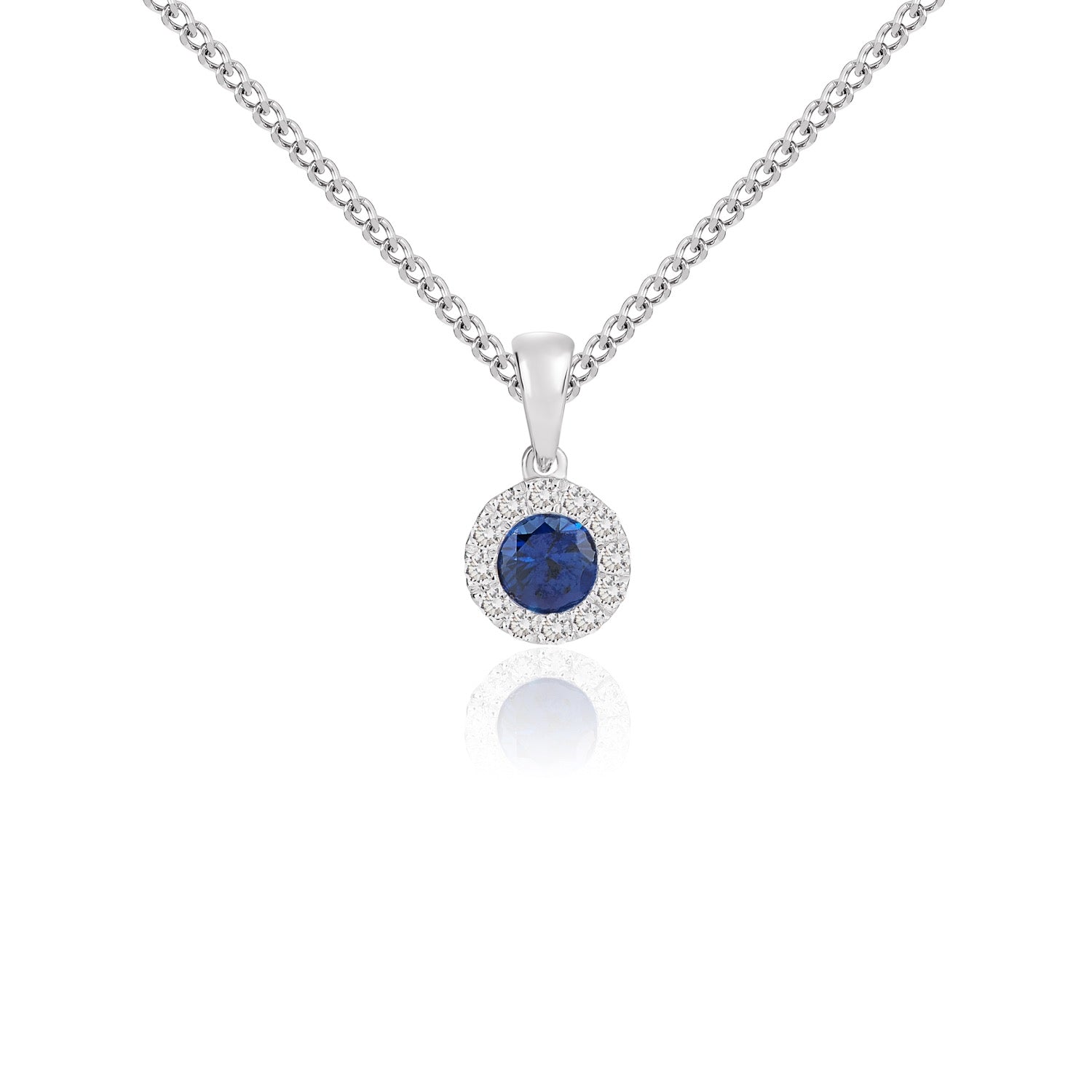 18ct White Gold Round Natural Sapphire and Diamond Cluster Pendant — 4mm
