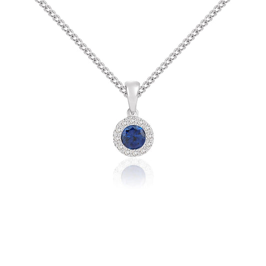 18ct White Gold Round Natural Sapphire and Diamond Cluster Pendant — 4mm