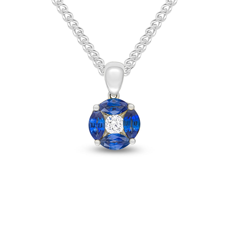 18ct White Gold Marquise Natural Sapphire & Diamond Cluster Pendant — 8mm