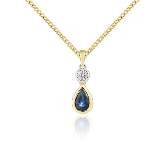 18ct Yellow and White Gold Pear Shaped Natural Sapphire and Round Diamond Two Stone Pendant — 6x4mm