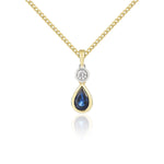 18ct Yellow Gold Pear Shaped Natural Sapphire & Diamond Two Stone Rubover Pendant — 6x4mm