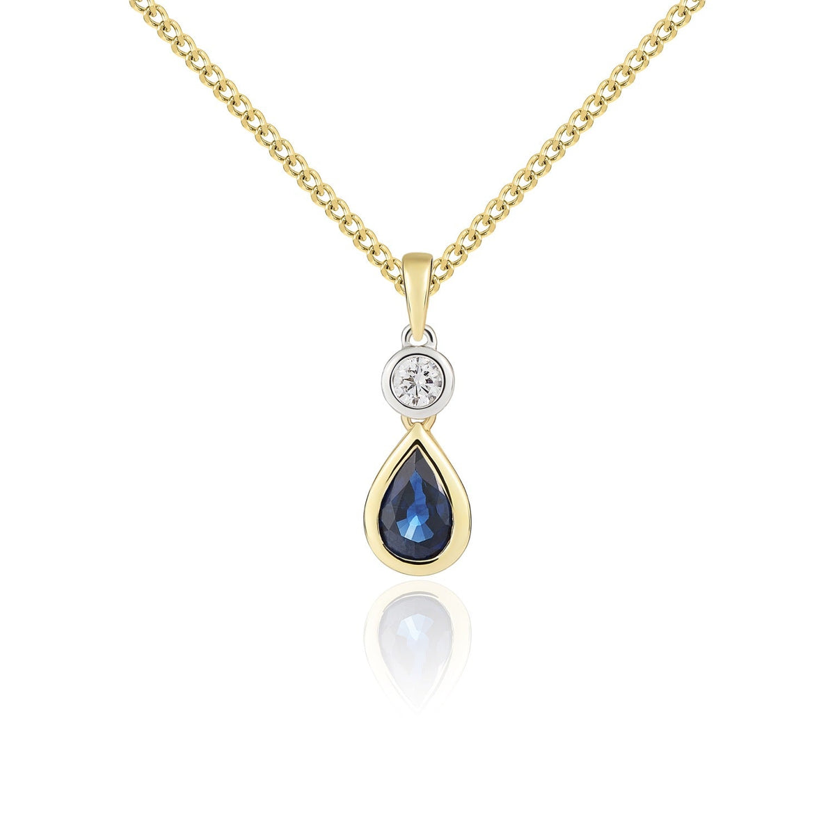 18ct Yellow Gold Pear Shaped Natural Sapphire & Diamond Two Stone Rubover Pendant — 6x4mm