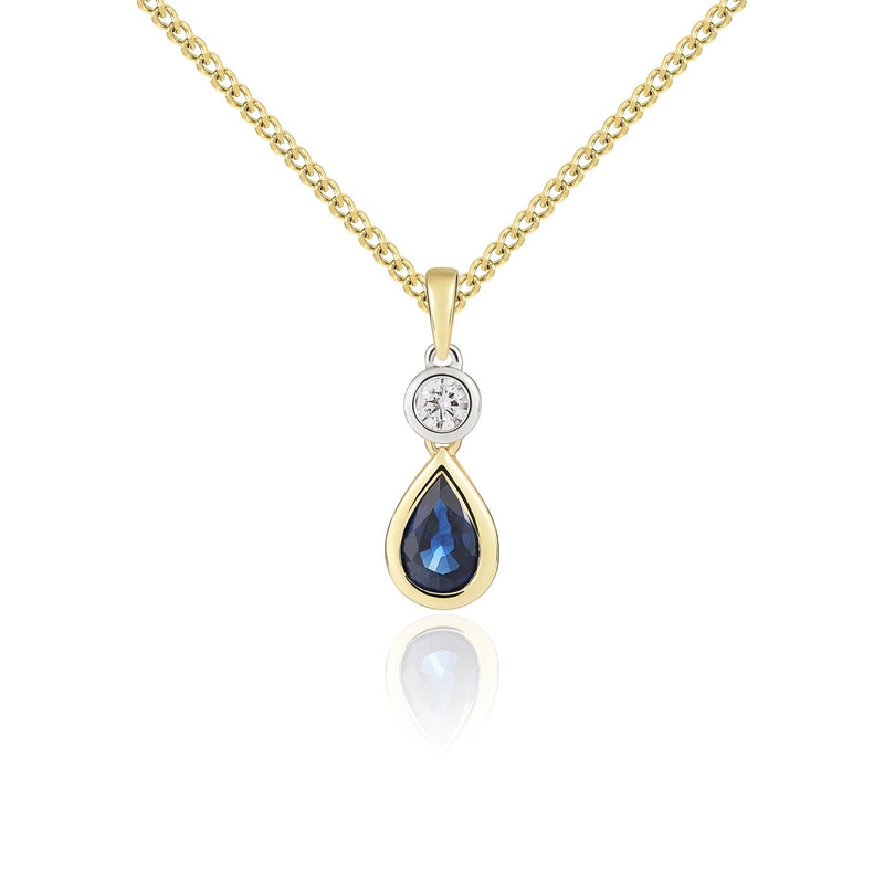 18ct Yellow Gold Pear Shaped Natural Sapphire & Diamond Two Stone Rubover Pendant — 6x4mm
