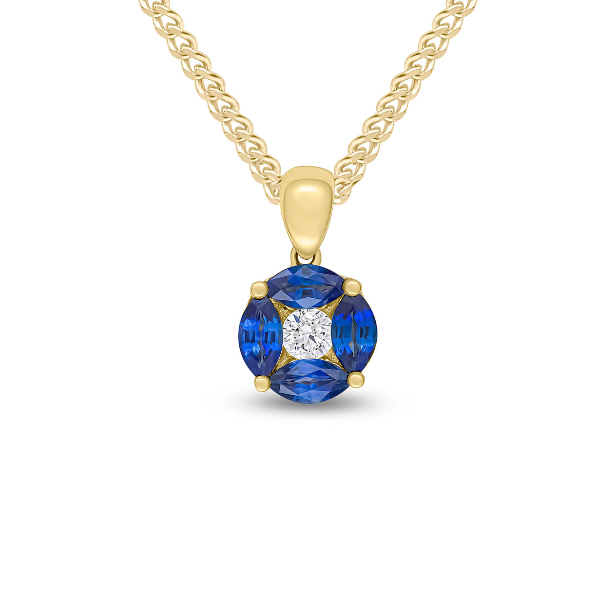 18ct Yellow Gold Marquise Natural Sapphire & Diamond Cluster Pendant — 8mm