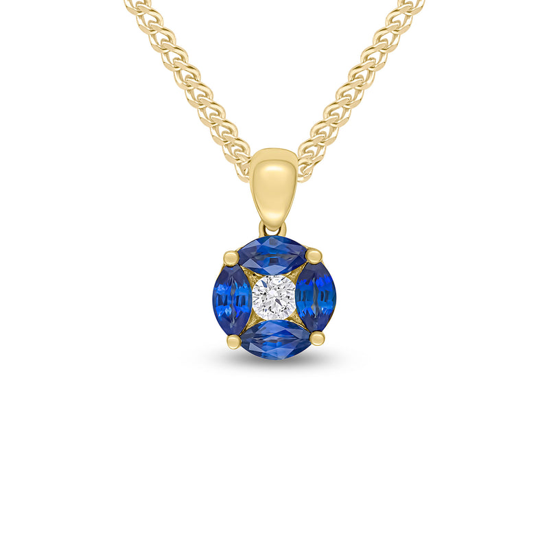 18ct Yellow Gold Marquise Natural Sapphire & Diamond Cluster Pendant — 8mm