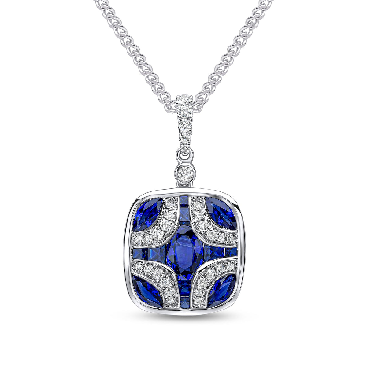 18ct White Gold Natural Sapphire & Diamond Shield Pendant with Diamond Set Loop