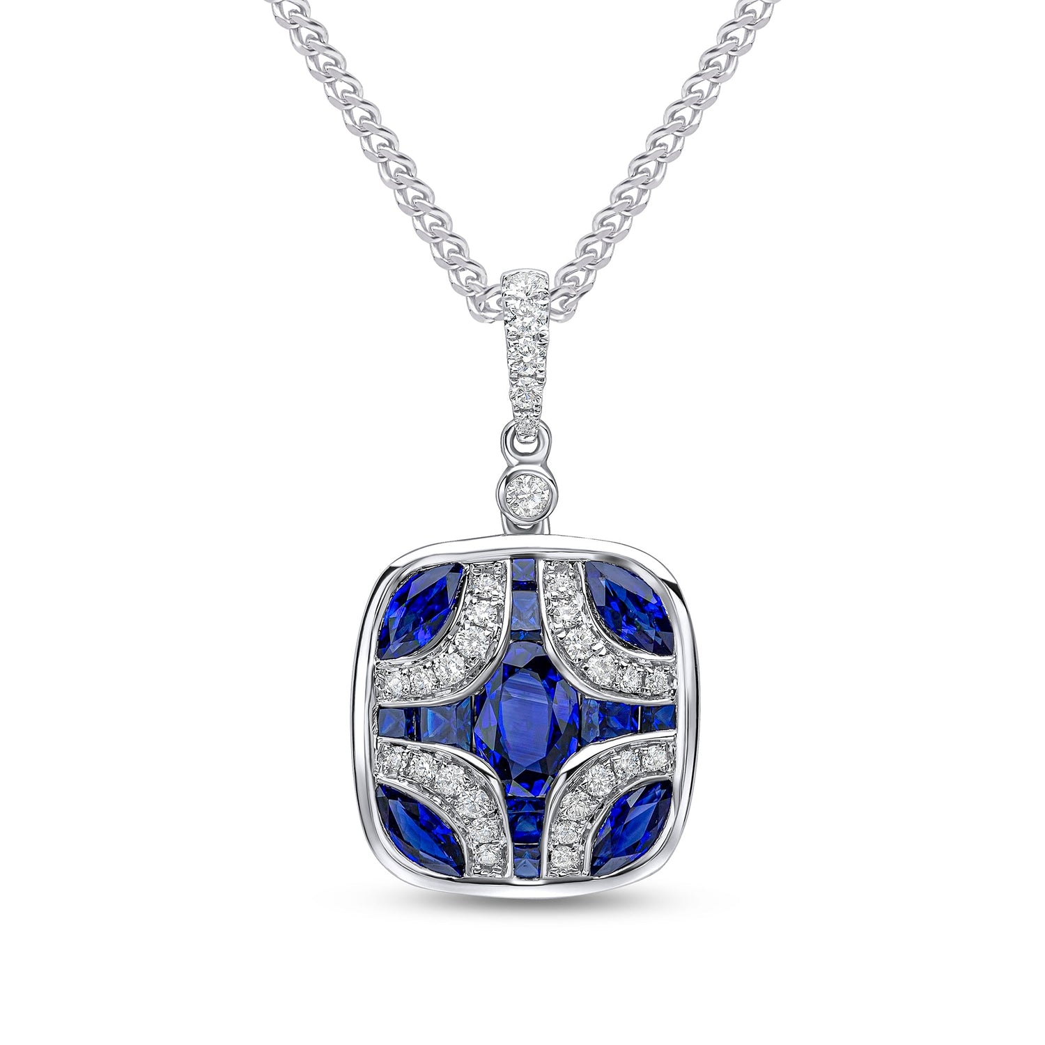 18ct White Gold Natural Sapphire and Diamond Shield Pendant with Diamond Set Loop — 14x13mm