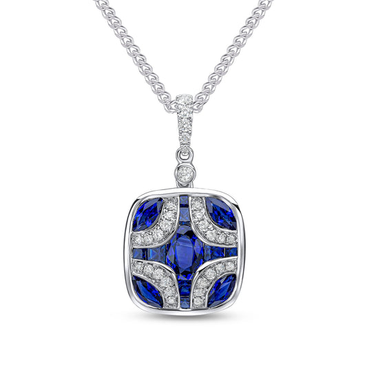 18ct White Gold Natural Sapphire and Diamond Shield Pendant with Diamond Set Loop — 14x13mm