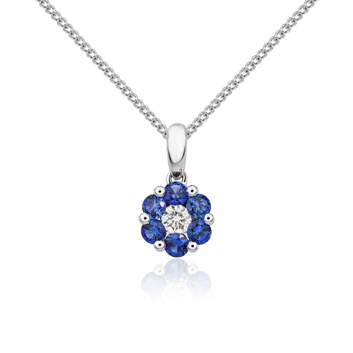 18ct White Gold Natural Sapphire & Diamond Reverse Cluster Pendant