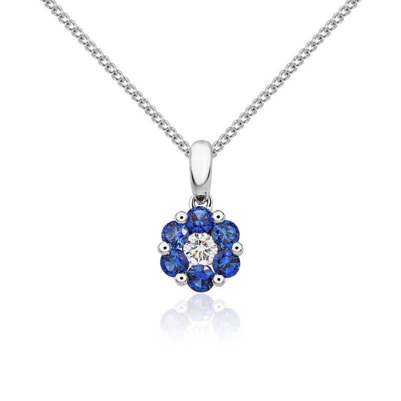 18ct White Gold Natural Sapphire & Diamond Reverse Cluster Pendant
