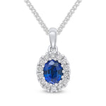 18ct White Gold Oval Natural Sapphire & Diamond Claw Cluster Pendant — 5x4mm