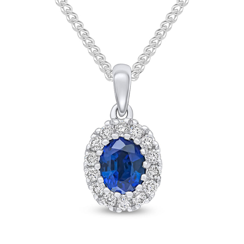 18ct White Gold Oval Natural Sapphire & Diamond Claw Cluster Pendant — 5x4mm