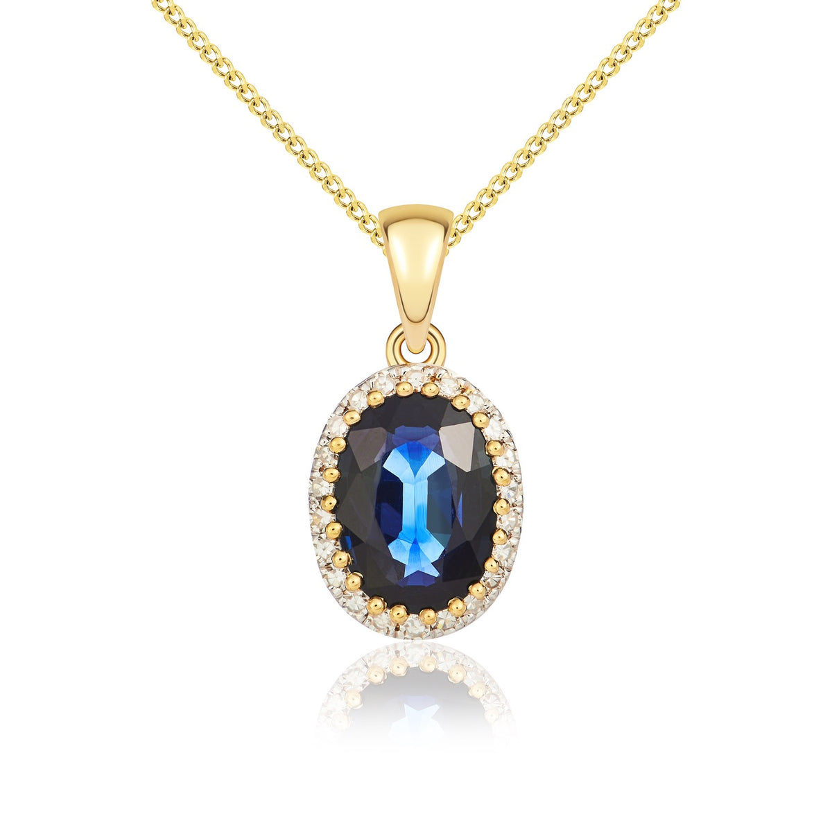18ct Yellow Gold Oval Natural Sapphire & Diamond Claw Set Cluster Pendant — 7x5mm
