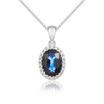 18ct White Gold Oval Natural Sapphire & Diamond Claw Set Cluster Pendant — 7x5mm