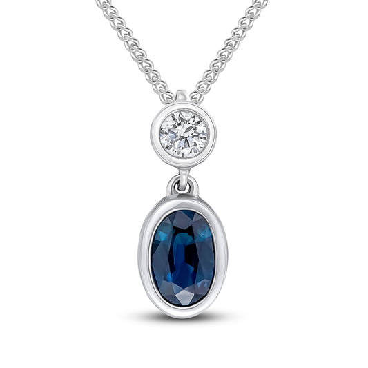 18ct White Gold Oval Natural Sapphire and Round Diamond Two Stone Pendant — 6x4mm