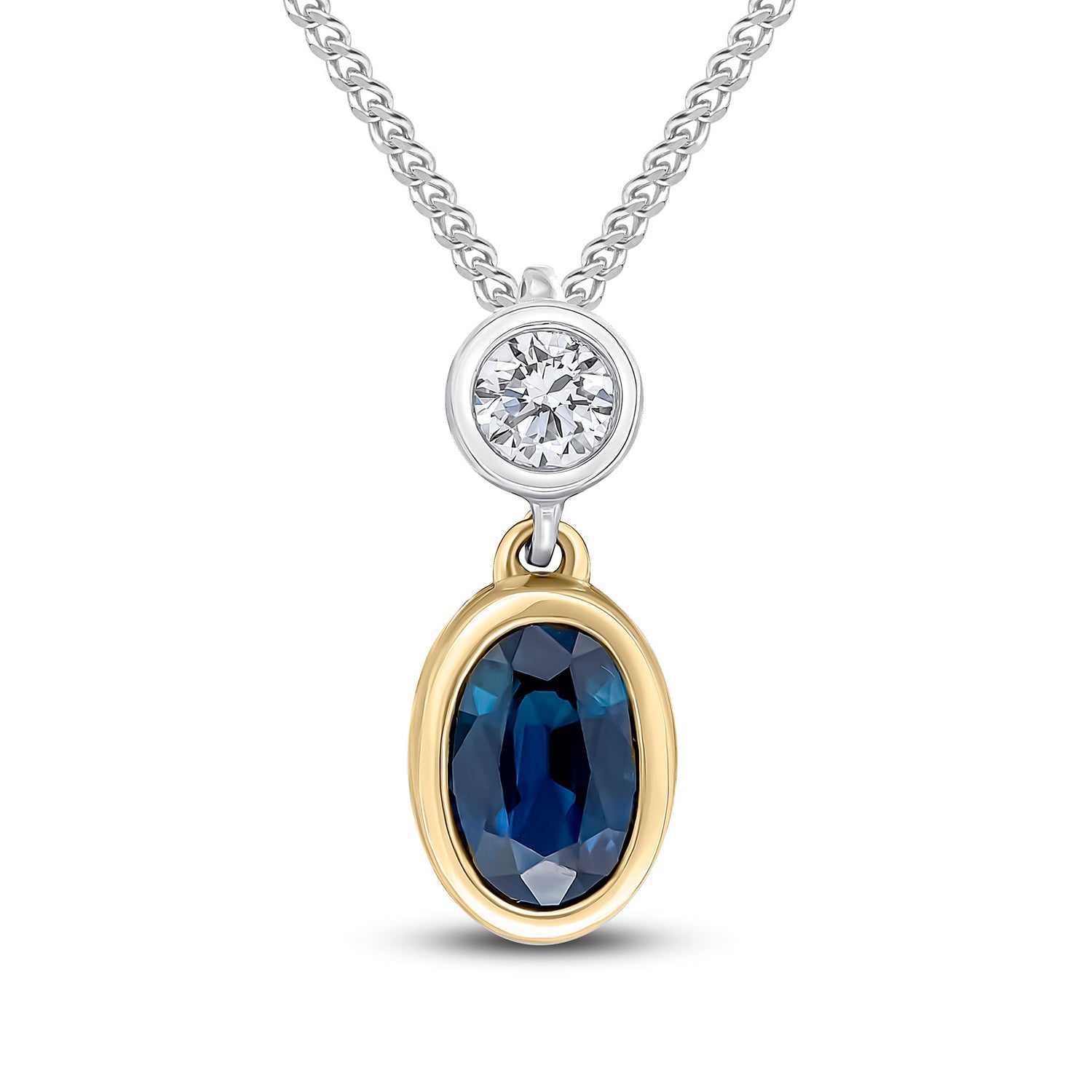 18ct Yellow and White Gold Oval Natural Sapphire and Round Diamond Two Stone Pendant — 6x4mm