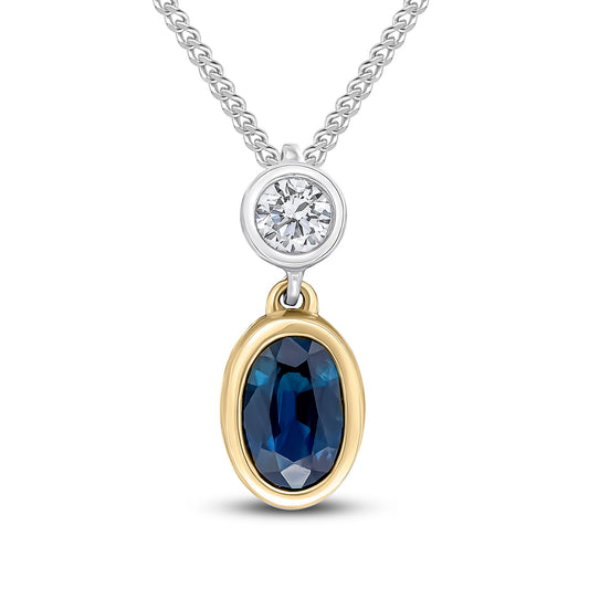 18ct Yellow and White Gold Oval Natural Sapphire and Round Diamond Two Stone Pendant — 6x4mm