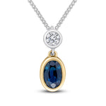 18ct Yellow and White Gold Oval Natural Sapphire & Diamond Two Stone Rubover Slider Pendant — 6x4mm