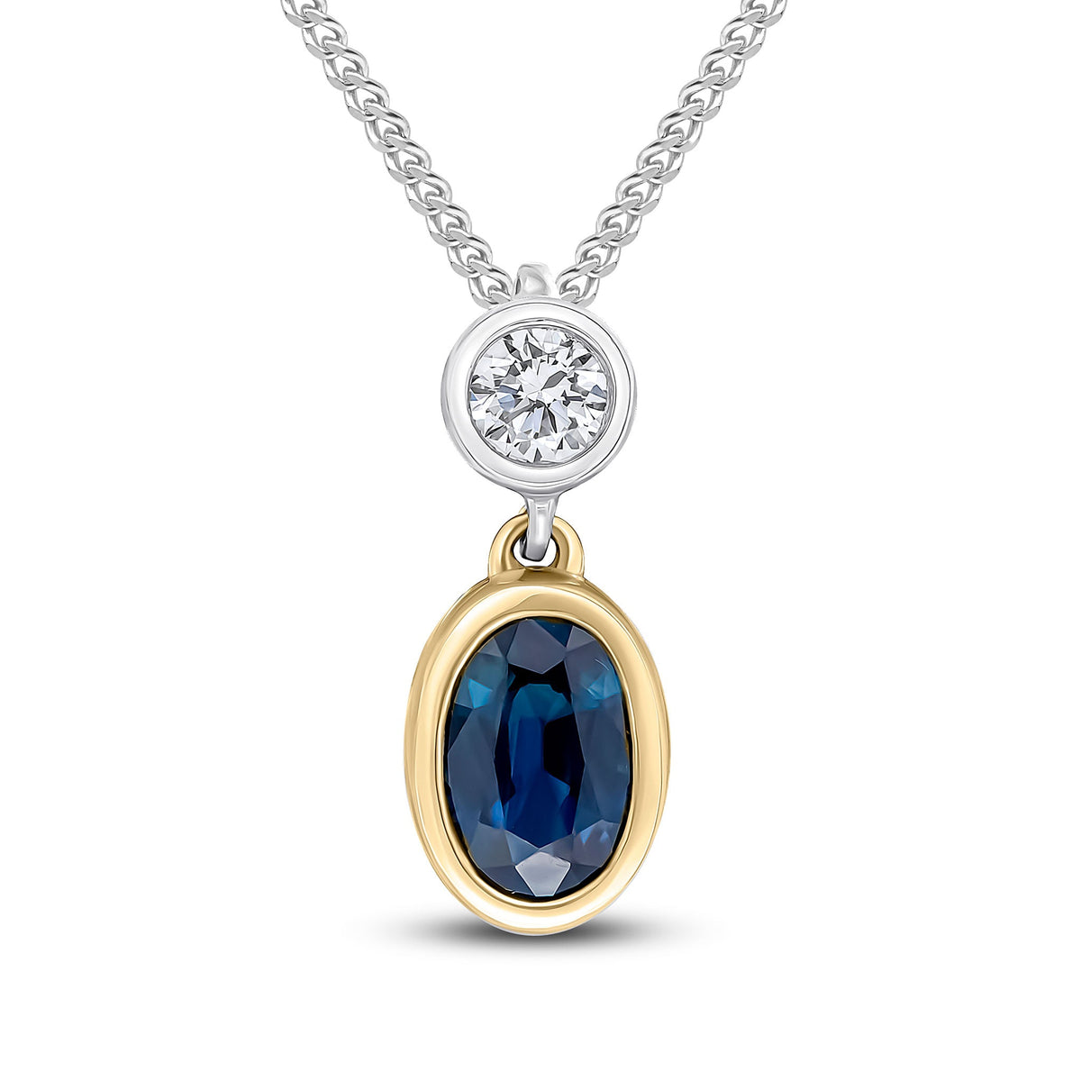 18ct Yellow and White Gold Oval Natural Sapphire & Diamond Two Stone Rubover Slider Pendant — 6x4mm