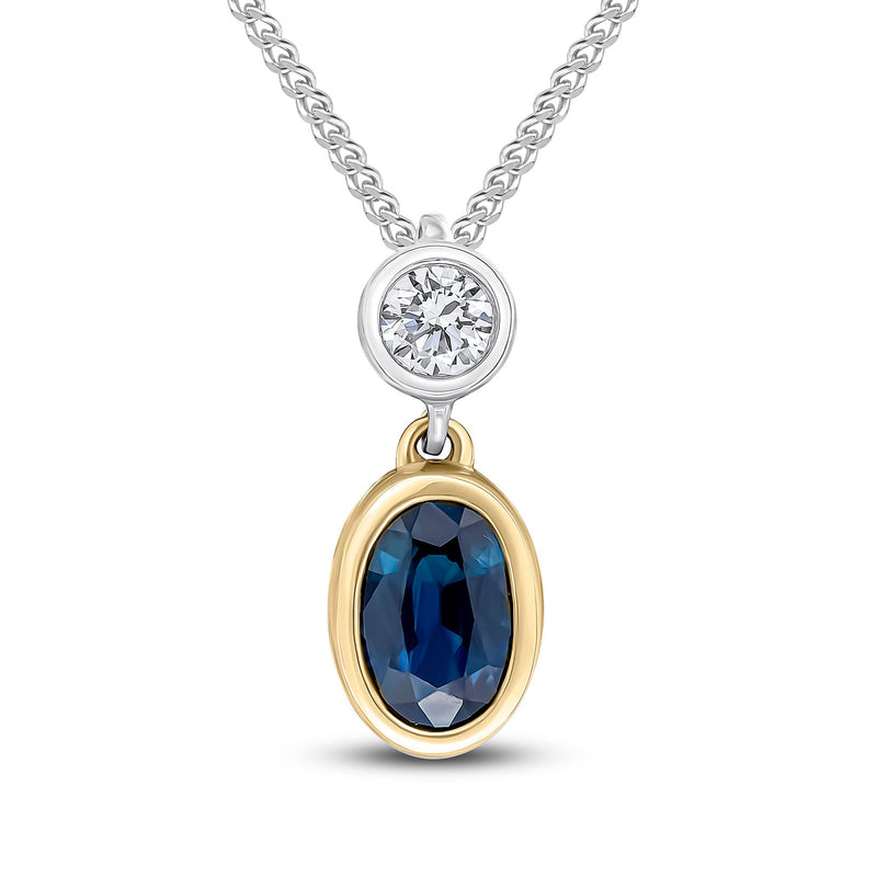 18ct Yellow and White Gold Oval Natural Sapphire & Diamond Two Stone Rubover Slider Pendant — 6x4mm