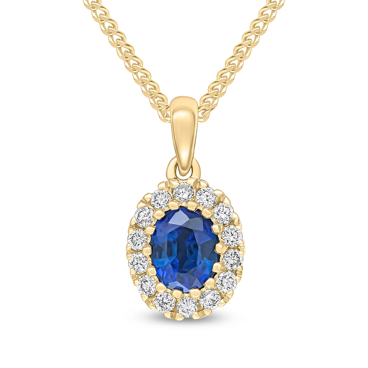 18ct Yellow Gold Oval Natural Sapphire & Diamond Claw Cluster Pendant — 5x4mm