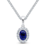 18ct White Gold Oval Natural Sapphire & Diamond Claw Cluster Pendant — 6x4mm