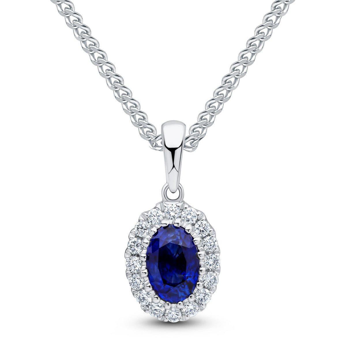 18ct White Gold Oval Natural Sapphire & Diamond Claw Cluster Pendant — 6x4mm