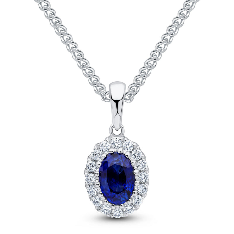 18ct White Gold Oval Natural Sapphire & Diamond Claw Cluster Pendant — 6x4mm