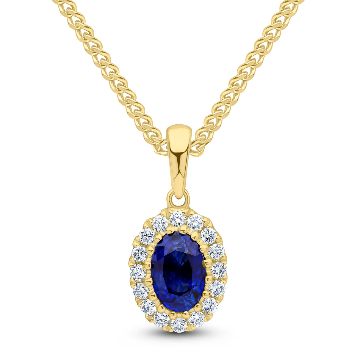 18ct Yellow Gold Oval Natural Sapphire & Diamond Claw Cluster Pendant — 6x4mm