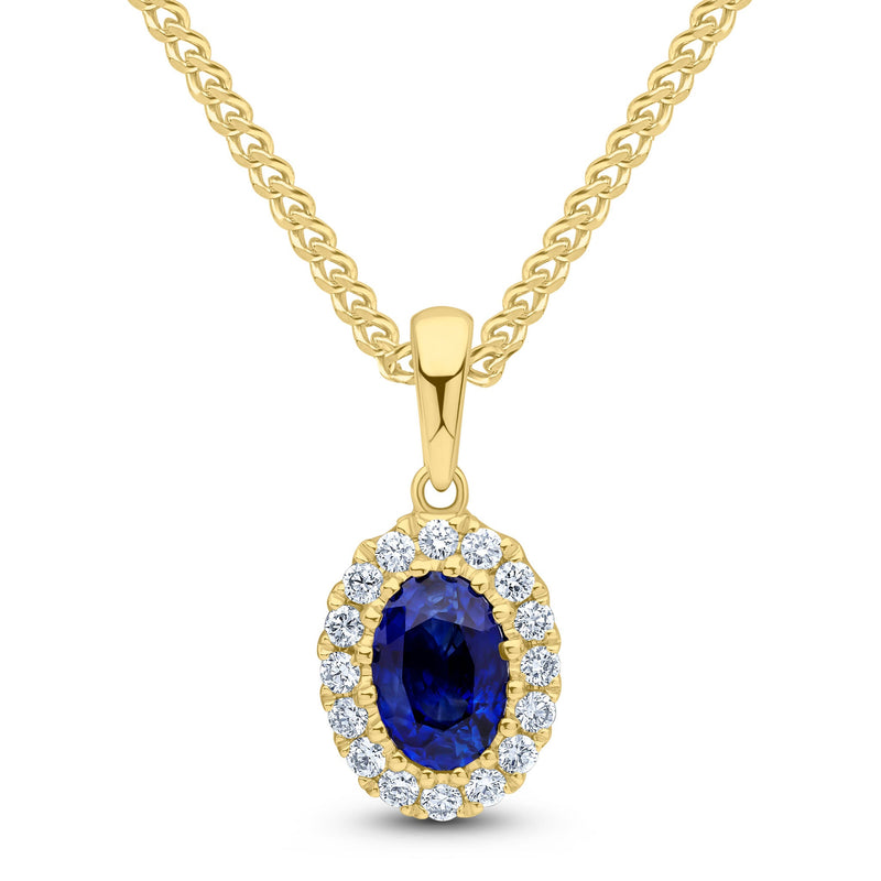 18ct Yellow Gold Oval Natural Sapphire & Diamond Claw Cluster Pendant — 6x4mm