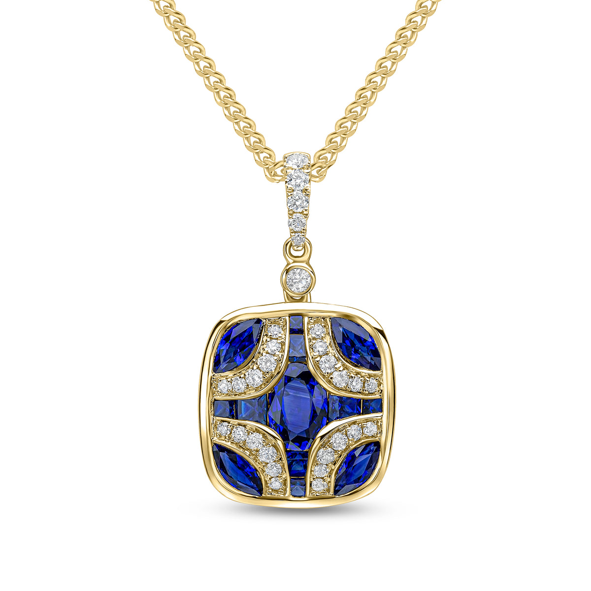 18ct Yellow Gold Natural Sapphire & Diamond Shield Pendant with Diamond Set Loop