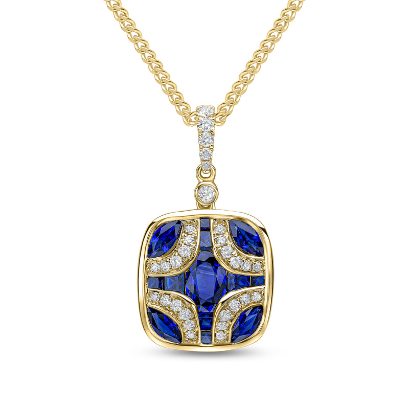 18ct Yellow Gold Natural Sapphire & Diamond Shield Pendant with Diamond Set Loop
