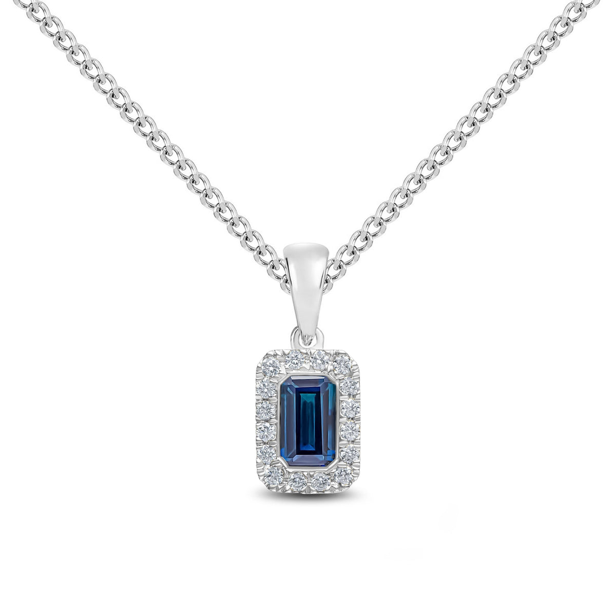 18ct White Gold Octagonal Natural Sapphire & Diamond Microset Cluster Pendant — 5x3mm