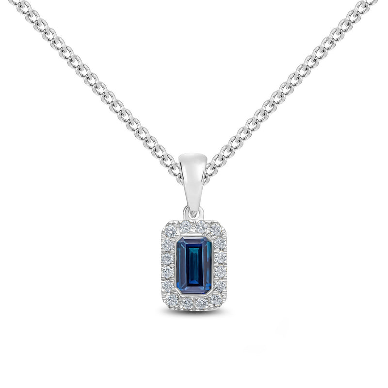 18ct White Gold Octagonal Natural Sapphire & Diamond Microset Cluster Pendant — 5x3mm