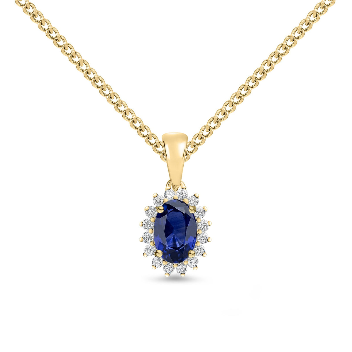 18ct Yellow Gold Oval Natural Sapphire & Diamond Claw Set Cluster Pendant — 6x4mm