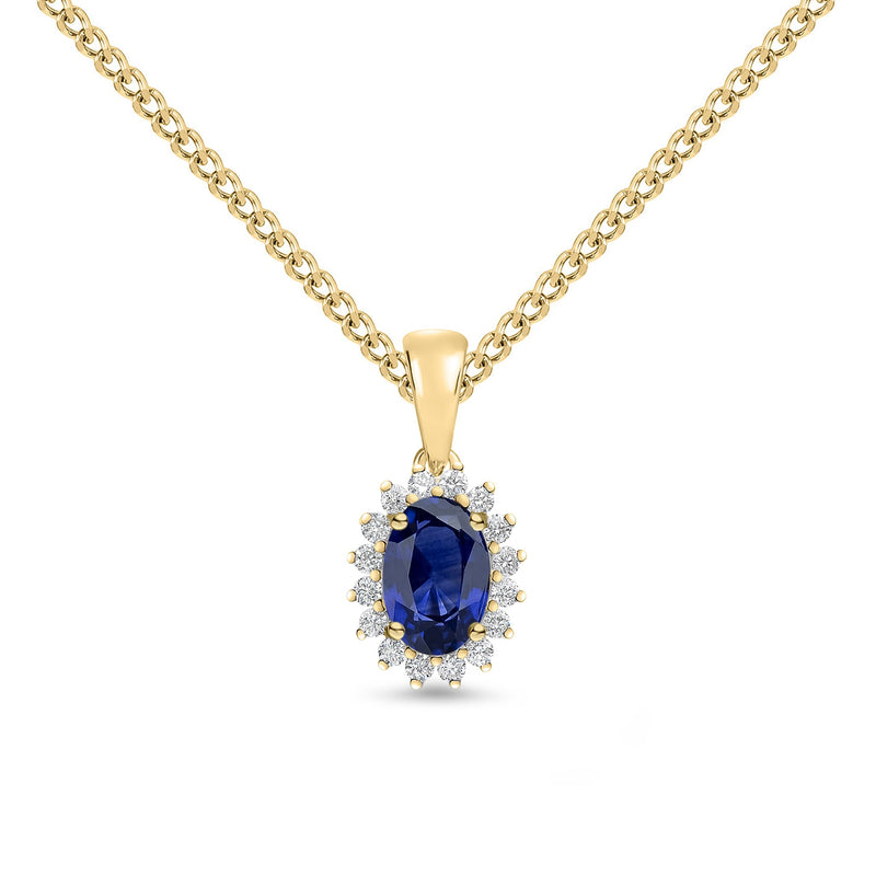 18ct Yellow Gold Oval Natural Sapphire & Diamond Claw Set Cluster Pendant — 6x4mm