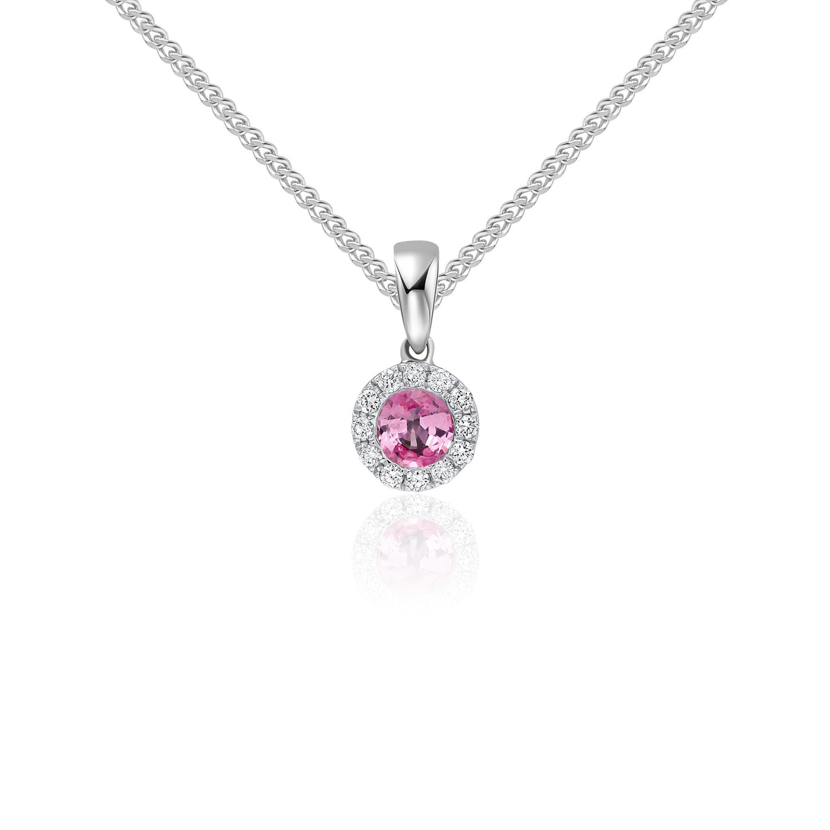 18ct White Gold Round Natural Pink Sapphire & Diamond Microset Cluster Pendant — 4mm