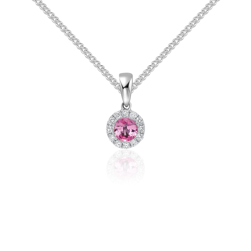 18ct White Gold Round Natural Pink Sapphire & Diamond Microset Cluster Pendant — 4mm