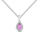 18ct White Gold Pear Shaped Natural Pink Sapphire & Diamond Microset Cluster Pendant — 6x4mm