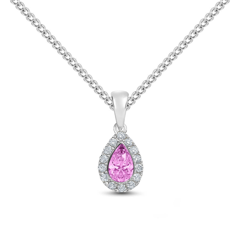 18ct White Gold Pear Shaped Natural Pink Sapphire & Diamond Microset Cluster Pendant — 6x4mm