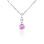 18ct White Gold Pear Shaped Natural Pink Sapphire & Diamond Two Stone Rubover Pendant — 6x4mm