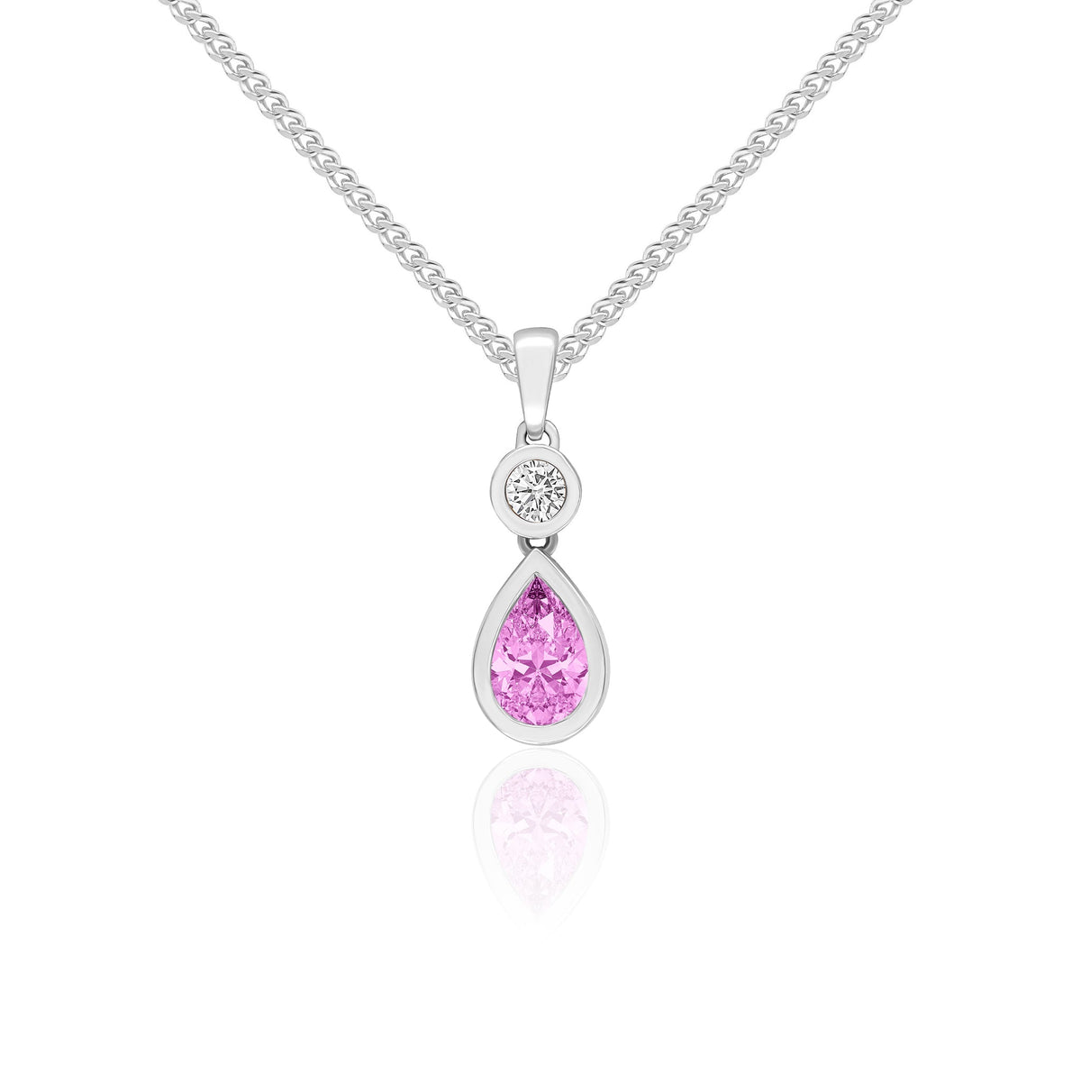 18ct White Gold Pear Shaped Natural Pink Sapphire & Diamond Two Stone Rubover Pendant — 6x4mm
